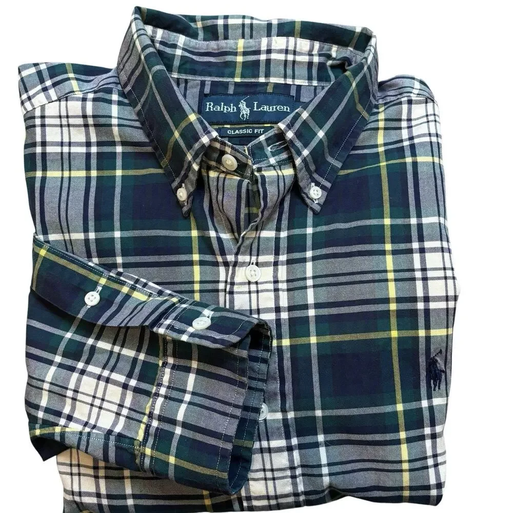 Vintage Polo Ralph Lauren Shirt Mens XL Classic Fit Green Tartan Plaid Button Up